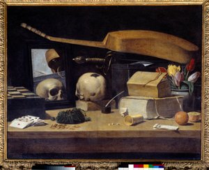 Vanitas Stilleven met kaarten, instrument en schedel