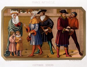 Verschillende kostuums van de bourgeoisie in de 16e eeuw - chromo. 19e eeuw gebaseerd op periode document door French School