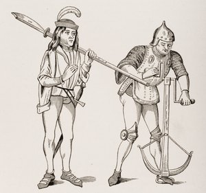 Knecht of schildknaap met een dikbladige hellebaard en een boogschutter die een kruisboogkoord spant met een dubbelhandige lier, naar een 15e-eeuwse miniatuur, uit Le Moyen Age et La Renaissance door Paul Lacroix