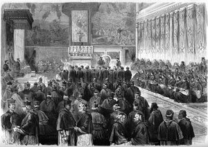 Vaticaans Concilie I (1869-1870): prosynodale audiëntie in de Sixtijnse Kapel van Rome. Paus Pius IX (1792-1878) ontving de eed van de seret van de maarschalken en de ambtenaren van het Concilie. December 1869. Gravure in 