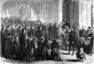 Vaticaans Concilie I (1869-1870): Paus Pius IX (1792-1878) ontving in algemene audiëntie de Franse geestelijken die de bisschoppen volgden door French School