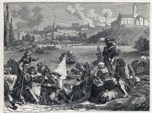 Vendee Oorlog (1793-1796): de Vendeanen, verslagen in de Slag bij Cholet, keerden terug naar de Loire op 18 oktober. door French School