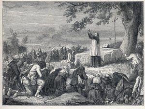 Vendee Oorlogen (1793-1796): Priester viert een mis onder een eik voor de opstandige bevolking die gezworen priesters afwijst. Gravure uit 1889. Privécollectie