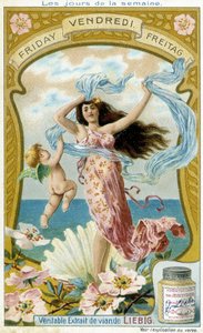 Venus illustreert vrijdag. Liebig chromolithografische reclamekaart