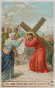 Veronica veegt het gezicht van Jezus af. De zesde statie van de kruisweg door French School