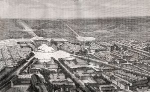 Versailles met zijn kasteel in de 19e eeuw - gravure in 