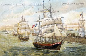 Schepen van de West-Indische Compagnie in de haven van Le Havre. 19e eeuwse illustratie bewaard in de gemeentelijke bibliotheek van Dinan door French School