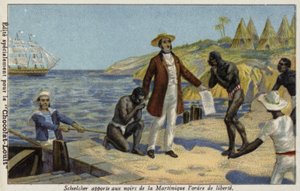 Victor Schoelcher brengt nieuws van hun vrijheid aan de slaven van Martinique door French School