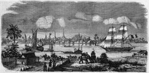 Uitzicht op de stad en haven van Bangkok, Koninkrijk van Siam (Thailand) door French School