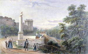 Uitzicht op Kasteel Dinan en het standbeeld van Duclos Pinot. Illustratie van de 19e eeuw bewaard in het Museum van Dinan