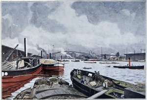 Uitzicht op Parijs, de Seine en het Bassin van de Villette, aquarel van Brun, 1889 door French School