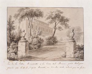 Uitzicht op Villa Bianchetti in Croce del Biacco nabij Bologna, gegraveerd door S.A.I. naar Busatti, ingekleurd door M. Hofer, december 1814 (ingekleurde gravure)