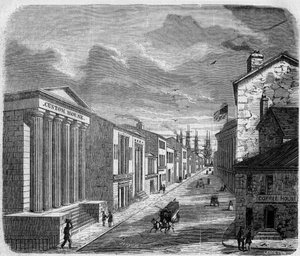 Zicht op Wall Street, het bankdistrict, New York, New York. Verenigde Staten (Verenigde Staten) door French School