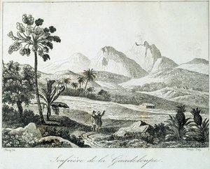 Uitzicht op een soufrière in Guadeloupe. Gravure uit de 19e eeuw. Chartres, Musee des Beaux Arts door French School