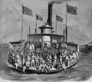 Zicht op een stoomboot die verbindingen maakt tussen de eilanden en de stad New York. Gravure door French School