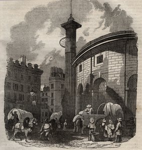 Uitzicht op halle au ble in Parijs (gebouwd in 1763-1769) en de Medici-kolom, gravure begin 19e eeuw - tarwe- en maïswissel in Parijs (gebouwd in 1763-1769), gravure begin 19e eeuw - Uitzicht op de Halle au ble, geplaatst op het huidige Hotel de Sois
