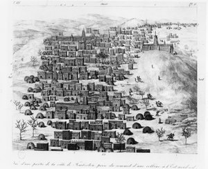 Uitzicht op een deel van de stad Timbuktu genomen vanaf een heuvel in het oosten, uit Voyage à Tombouctou door René Caillié, gepubliceerd 1830 door French School
