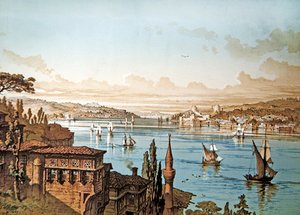 Uitzicht op Schepen op de Bosporus en het Kasteel van Rumeli Hisari met Istanbul in de Verte