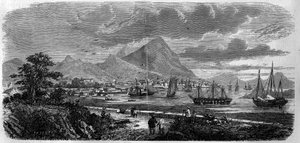 Uitzicht op de stad Hong Kong (Hong Kong) (Canton Bay Island) in 1857. Gravure in 