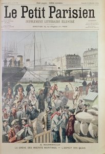 Uitzicht op de dokken in Marseille tijdens de maritieme staking, van de voorpagina van Le Petit Parisien, 21 december 1902
