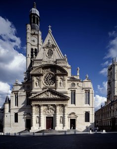 Zicht op de gevel van de kerk van Saint-Etienne du Mont, Place Sainte-Genevieve (Saint Etienne du mont) in Parijs in het 5e arrondissement (hetzelfde als Leemage agency) door French School