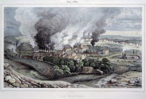 Uitzicht op de gieterij en kristallerie du Creusot circa 1820-1830 door French School