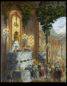 Zicht op het interieur in een van de kamers van de Place de Louis le Grand, zicht op de ingang van de Salon (detail) (kleurgravure)