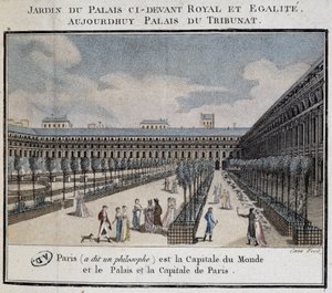 Uitzicht op het Koninklijk Paleis (Palais du Tribunat) met tuin en wandelaars door French School