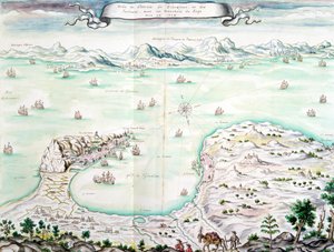 Uitzicht op het Beleg van Gibraltar in 1704 door French School