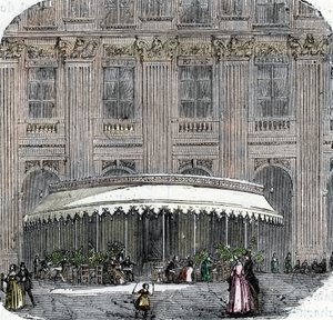 Zicht op het café de la Rotonde in het Palais-Royal in Parijs rond 1860 (gekleurde gravure) door French School