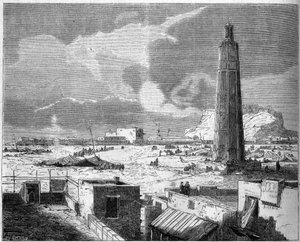 Uitzicht op de stad Aden, hoofdstad van Jemen, in 1861. Gravure in 