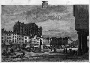 Zicht op de stad Beauvais in de Oise. Gravure uit 1880 in La republique illustree. Privécollectie. door French School