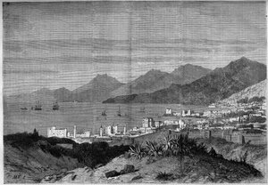 Uitzicht op de stad Beiroet in 1860. Gravure in 