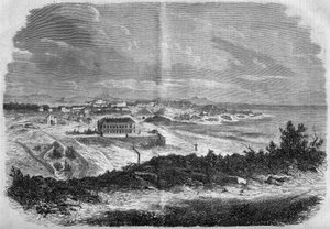 Zicht op de stad Biarritz, Pyreneeën Atlantique (64) in 1858. Gravure in 