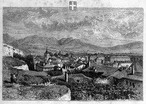 Uitzicht op de stad Chambery in Savoye. Gravure uit 1880 in "La republique illustree" privécollectie. door French School