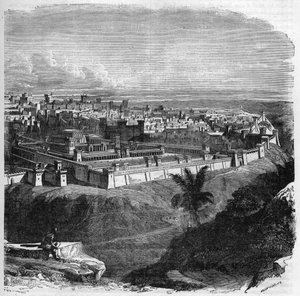 Uitzicht op de stad Jeruzalem voor de vernietiging van de tempel. Gravure in 