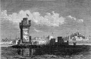 Uitzicht op de stad Rhodos (Griekenland) met de vierkante toren Saint Michel (Saint Michel), vernietigd tijdens een aardbeving in 1863. Gravure in 
