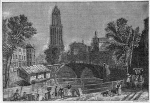 Uitzicht op de stad Utrecht in Nederland, eind 19e eeuw. Gravure in 