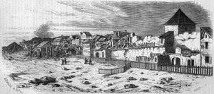 Uitzicht op de wijk van de stad Kastrich, in Mainz (Duitsland), na de explosie van het kruitvat in 1857. Van een foto. Gravure in 