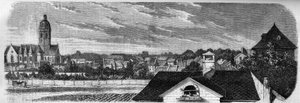 Zicht op de wijk van de stad Kastrich, in Mainz (Duitsland), voor de explosie van het kruitvat in 1857. Van een foto. Gravure in 