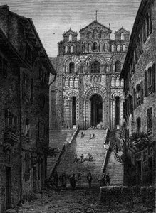 Gezicht op de gevel van de Kathedraal Notre Dame du Puy en Velay, Haute Loire