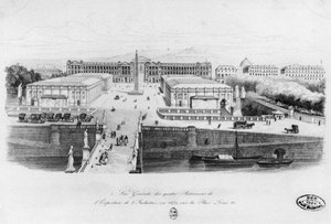 Uitzicht op de vier gebouwen van de Industrie Tentoonstelling in Parijs, Place Louis XV, 1834