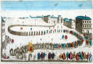 Zicht op de grote processie van de autodafé waar we de criminelen zien die door de Inquisitie in Lissabon zijn berecht - gravure