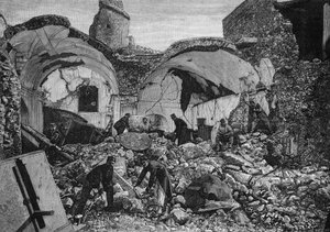 Uitzicht op de ruïnes van de Chiese del Purgatorio, verwoest tijdens de aardbeving van 1881 op het eiland Ischia (Italië). Gravure door Quesnel in 