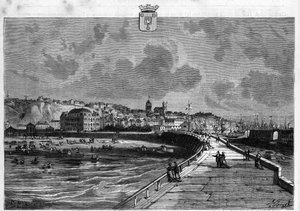 Zicht op de stad Boulogne in de Pas de Calais. Gravure uit 1880 in 