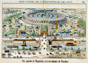 Uitzicht op de wereldtentoonstelling vanaf het Trocadero in Parijs. 1867 Gravure. Parijs, carnavalsmuseum door French School