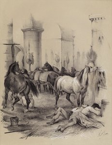 Vikingen gebruiken de kathedraal van Karel de Grote in Aken als stal, 882 door French School