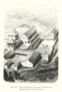 Merovingische villa uit de tijd van Dagobert I, reconstructie door M Viollet-le-Duc door French School