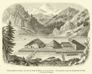 Gallisch dorp op palen, niet ver van het dorp Meilen, aan het meer van Zürich (gravure) door French School