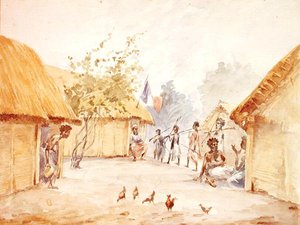 Dorp in Madagaskar ten tijde van de verovering door Frankrijk in 1895-96